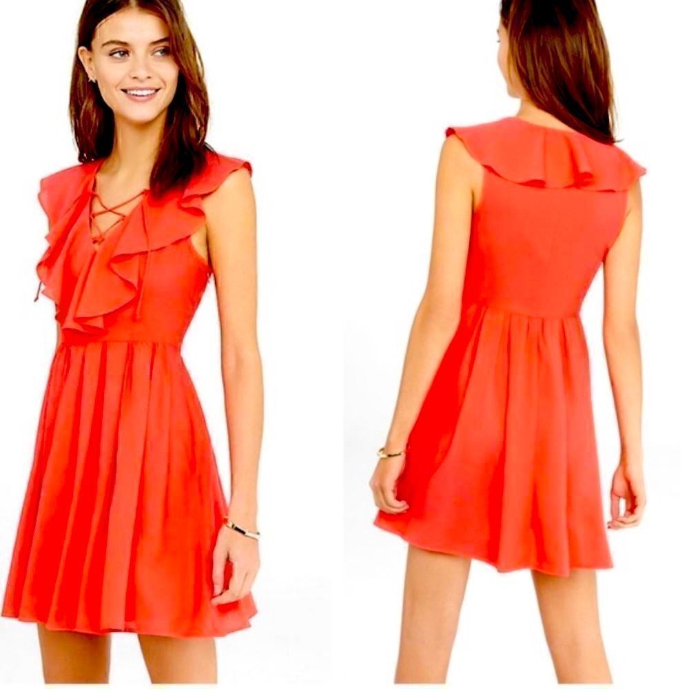 Express Dress Womens Size 2 lace up V Neck‎ Ruffle   Red Fit and Flare Mini New